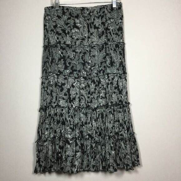 Black and white paisley cotton blend maxi skirt tiered and lined elastic waist L - Picture 1 of 9